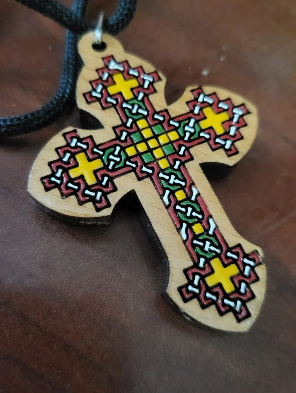 Ethiopian Coptic Wooden Cross Pendant Necklace Hand Painted Traditional Design